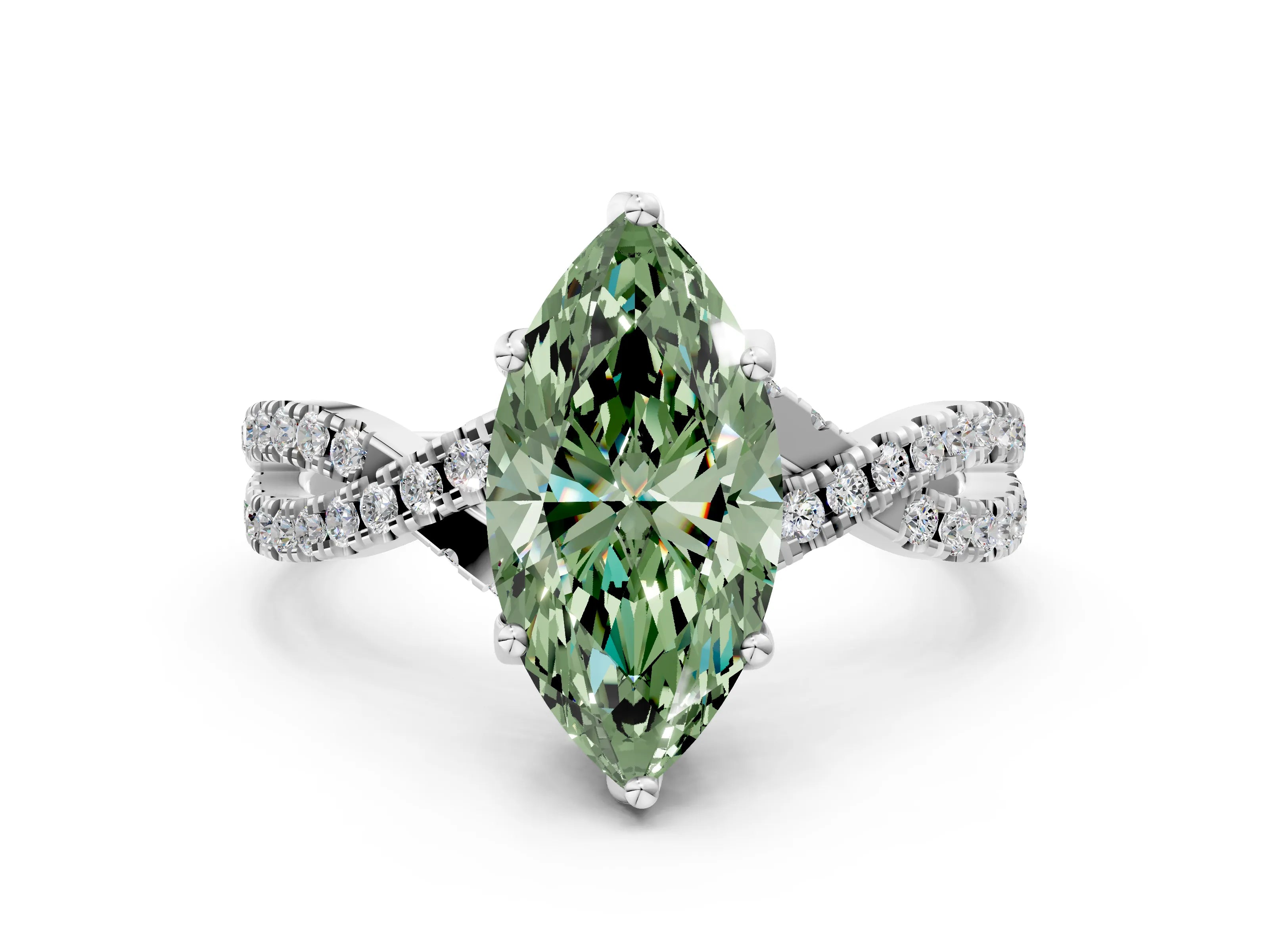 White gold Fancy Green Marquise Cut Solitaire Twist Pave Diamond Engagement Ring with Prong Setting_12