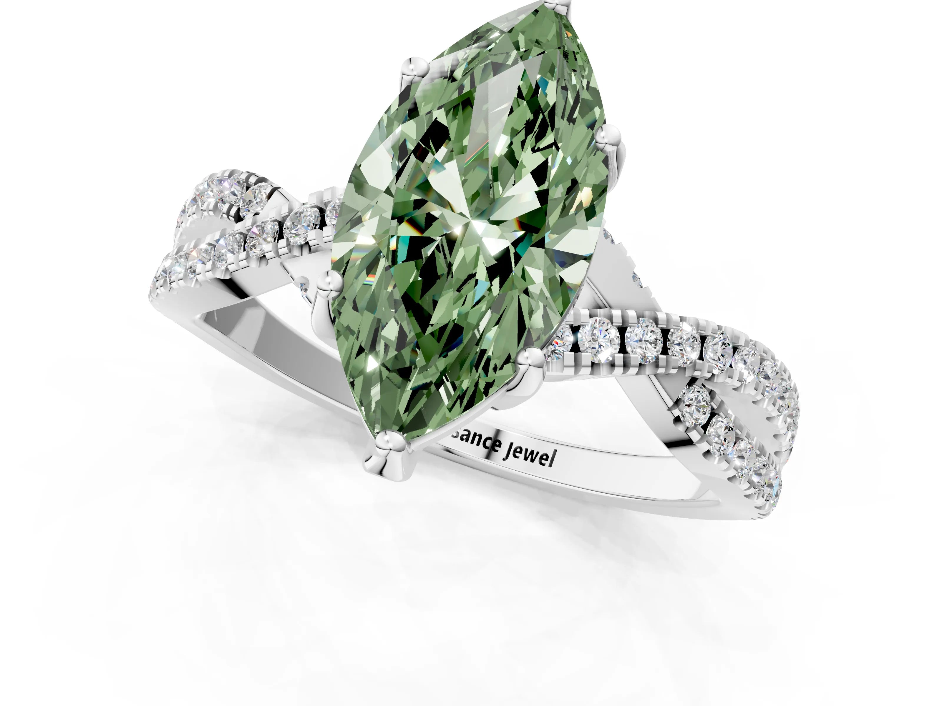 White gold Fancy Green Marquise Cut Solitaire Twist Pave Diamond Engagement Ring with Prong Setting_13