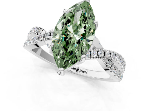 White gold Fancy Green Marquise Cut Solitaire Twist Pave Diamond Engagement Ring with Prong Setting_13