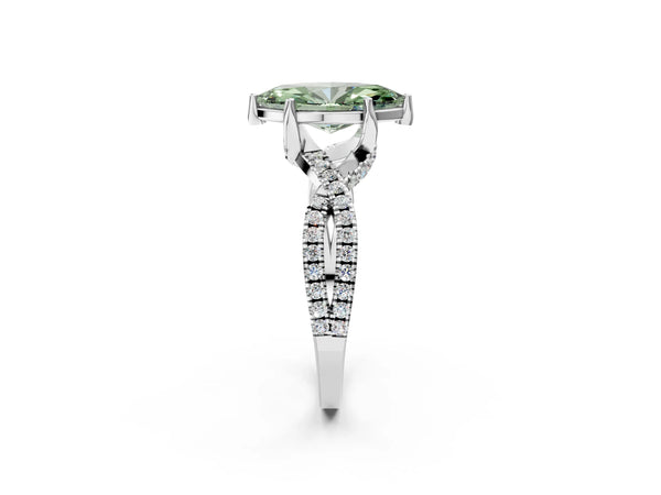 Platinum Fancy Green Marquise Cut Solitaire Twist Pave Diamond Engagement Ring with Prong Setting