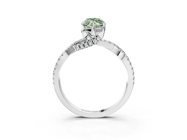 Platinum Fancy Green Marquise Cut Solitaire Twist Pave Diamond Engagement Ring with Prong Setting