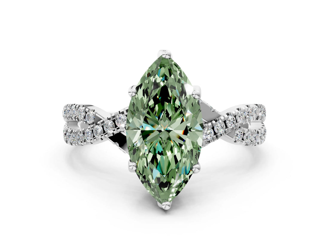 White gold Fancy Green Marquise Cut Solitaire Twist Pave Diamond Engagement Ring with Prong Setting_36