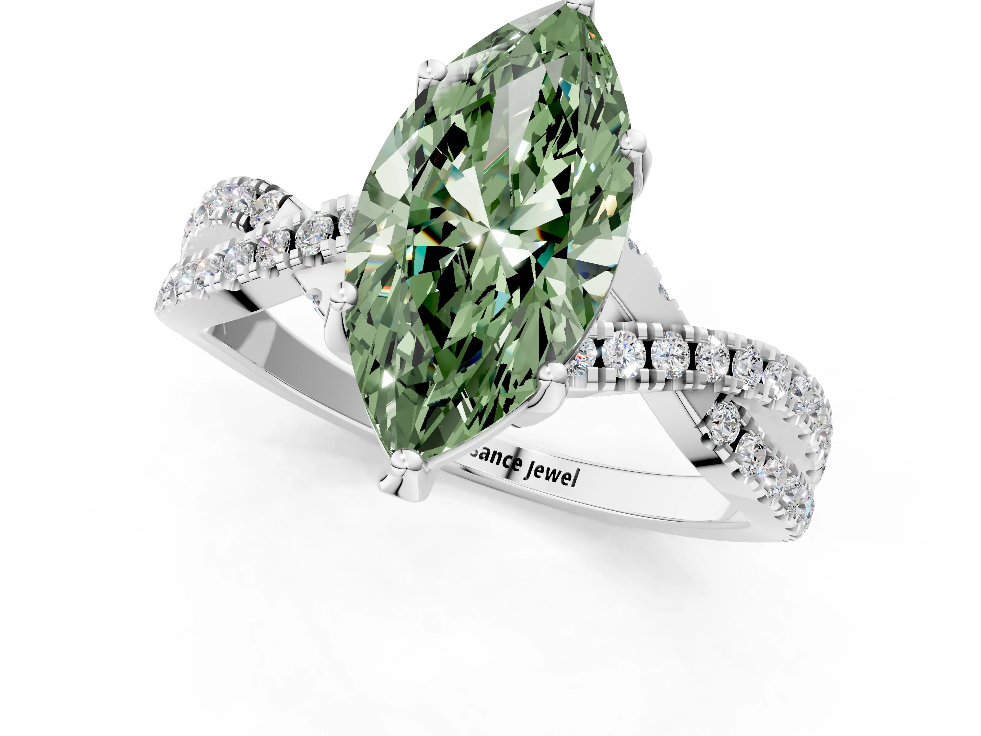 White gold Fancy Green Marquise Cut Solitaire Twist Pave Diamond Engagement Ring with Prong Setting_37