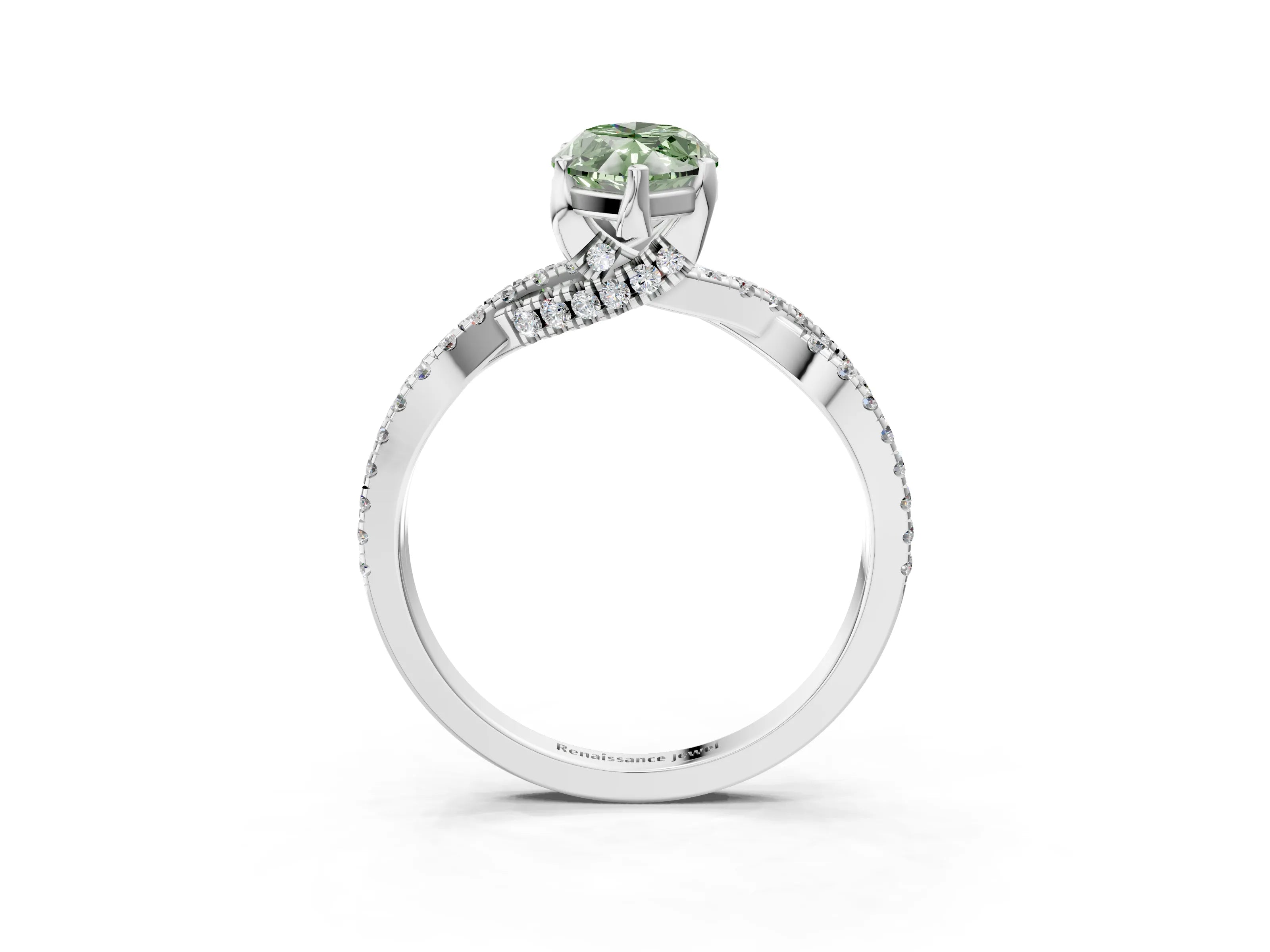 White gold Fancy Green Marquise Cut Solitaire Twist Pave Diamond Engagement Ring with Prong Setting_3