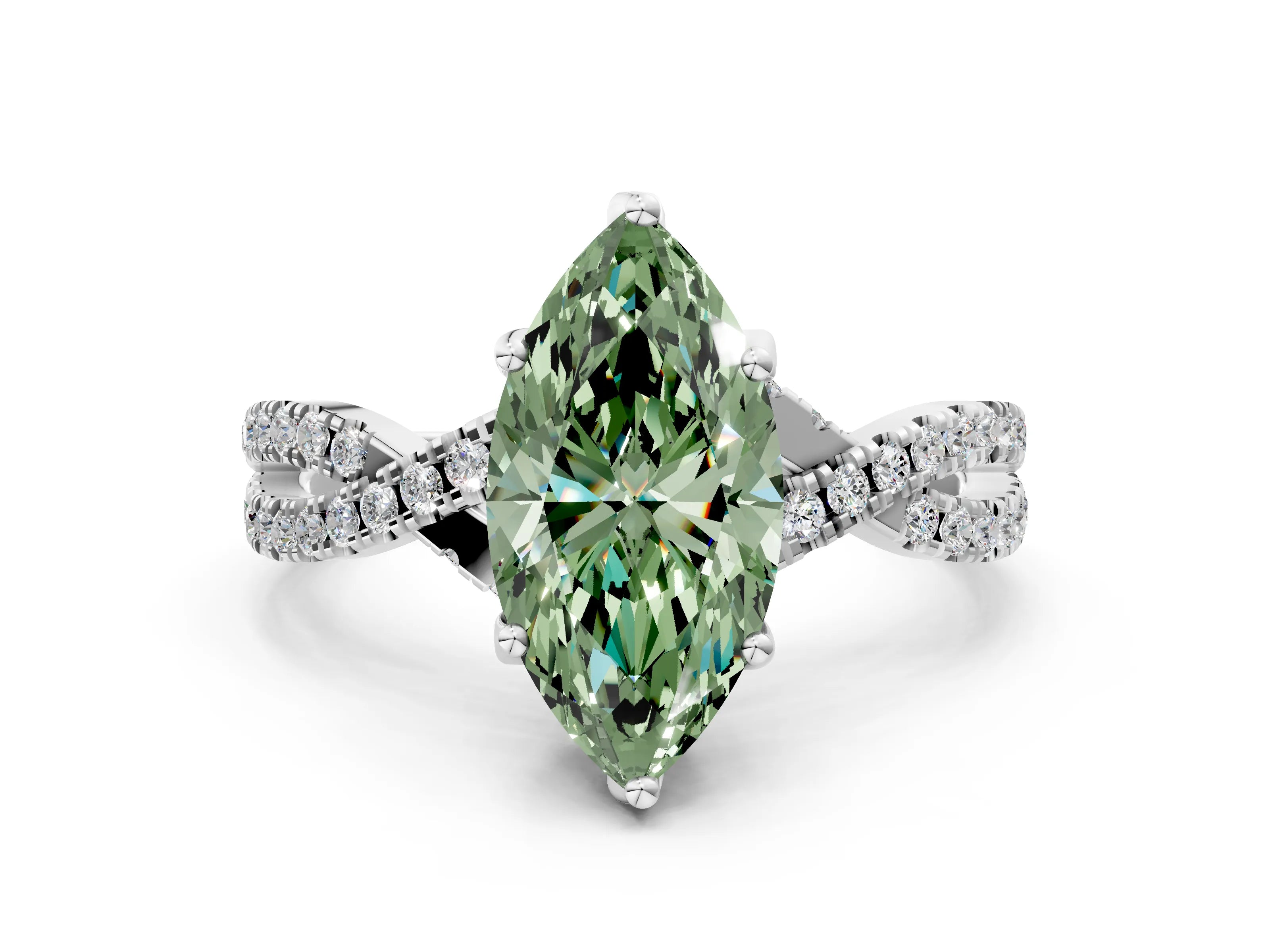 White gold Fancy Green Marquise Cut Solitaire Twist Pave Diamond Engagement Ring with Prong Setting
