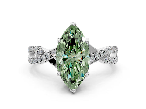 White gold Fancy Green Marquise Cut Solitaire Twist Pave Diamond Engagement Ring with Prong Setting