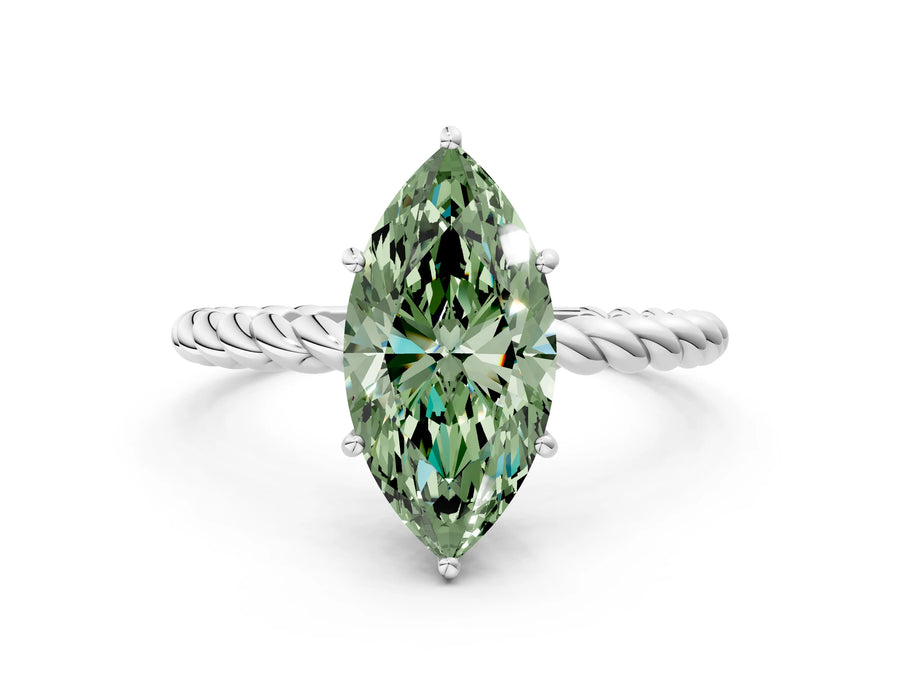 White gold Fancy Green Marquise Cut Solitaire Twisted Band 4-Prong Ring