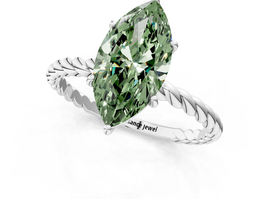 White gold Fancy Green Marquise Cut Solitaire Twisted Band 4-Prong Ring