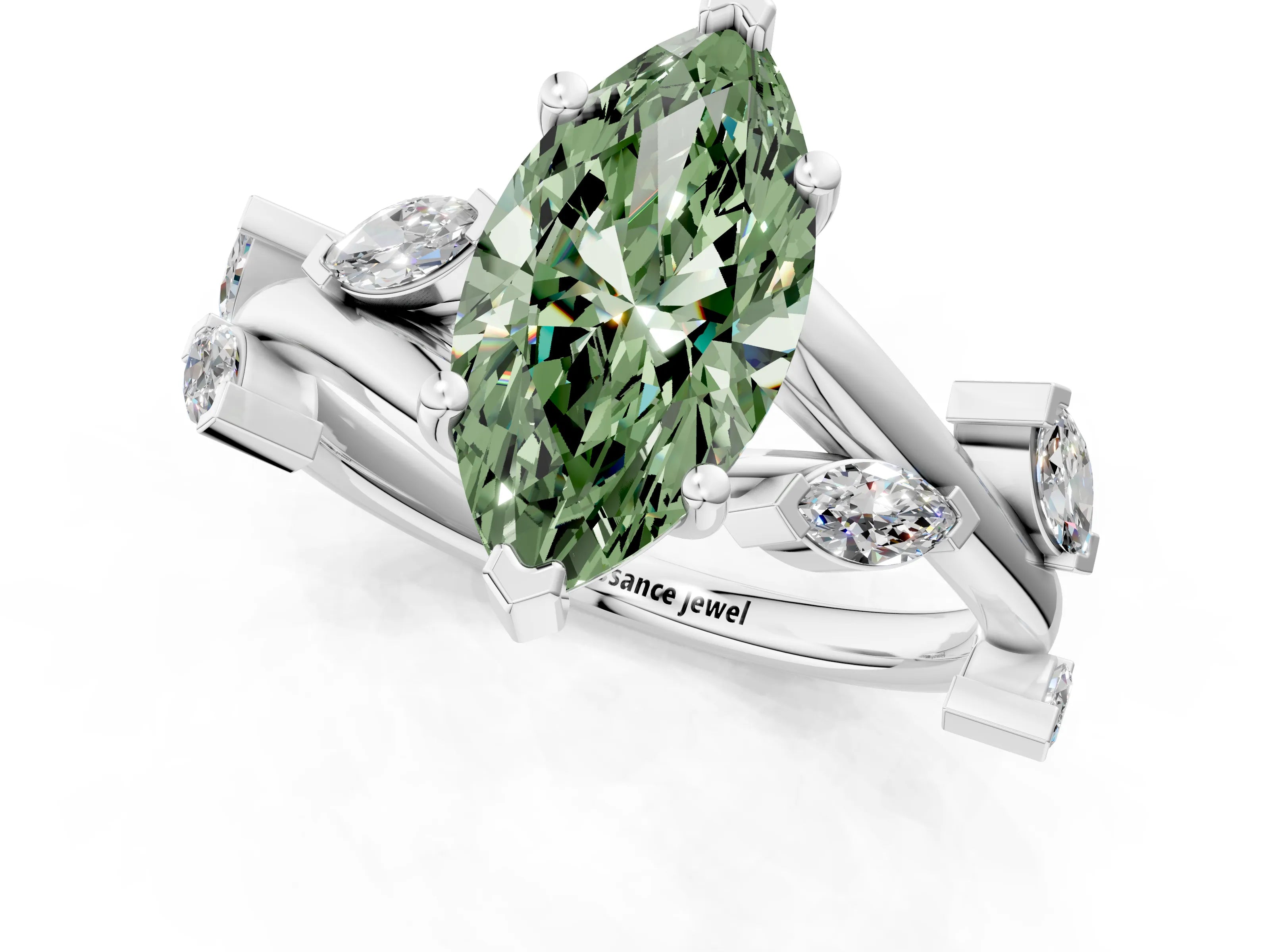 White gold Fancy Green Marquise Cut Solitaire Twisted Band Marquise Accent Prong Setting Ring_1