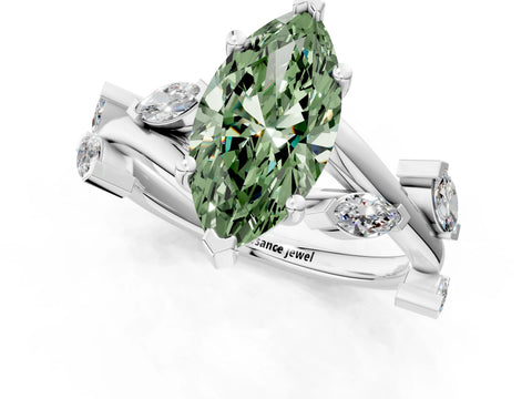 White gold Fancy Green Marquise Cut Solitaire Twisted Band Marquise Accent Prong Setting Ring_1