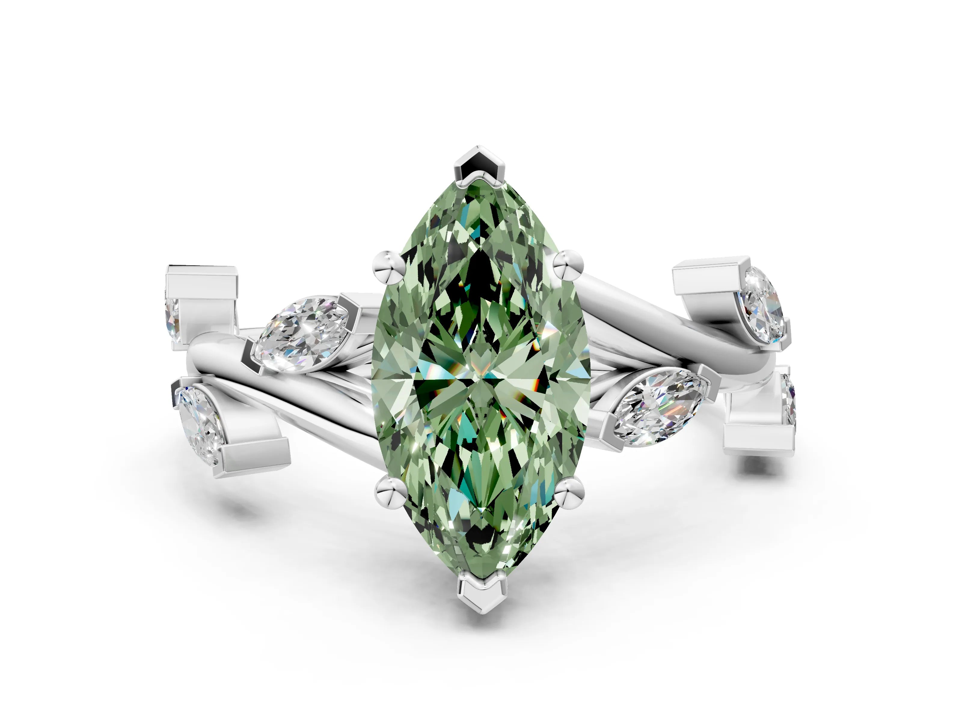 White gold Fancy Green Marquise Cut Solitaire Twisted Band Marquise Accent Prong Setting Ring