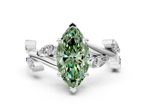 White gold Fancy Green Marquise Cut Solitaire Twisted Band Marquise Accent Prong Setting Ring
