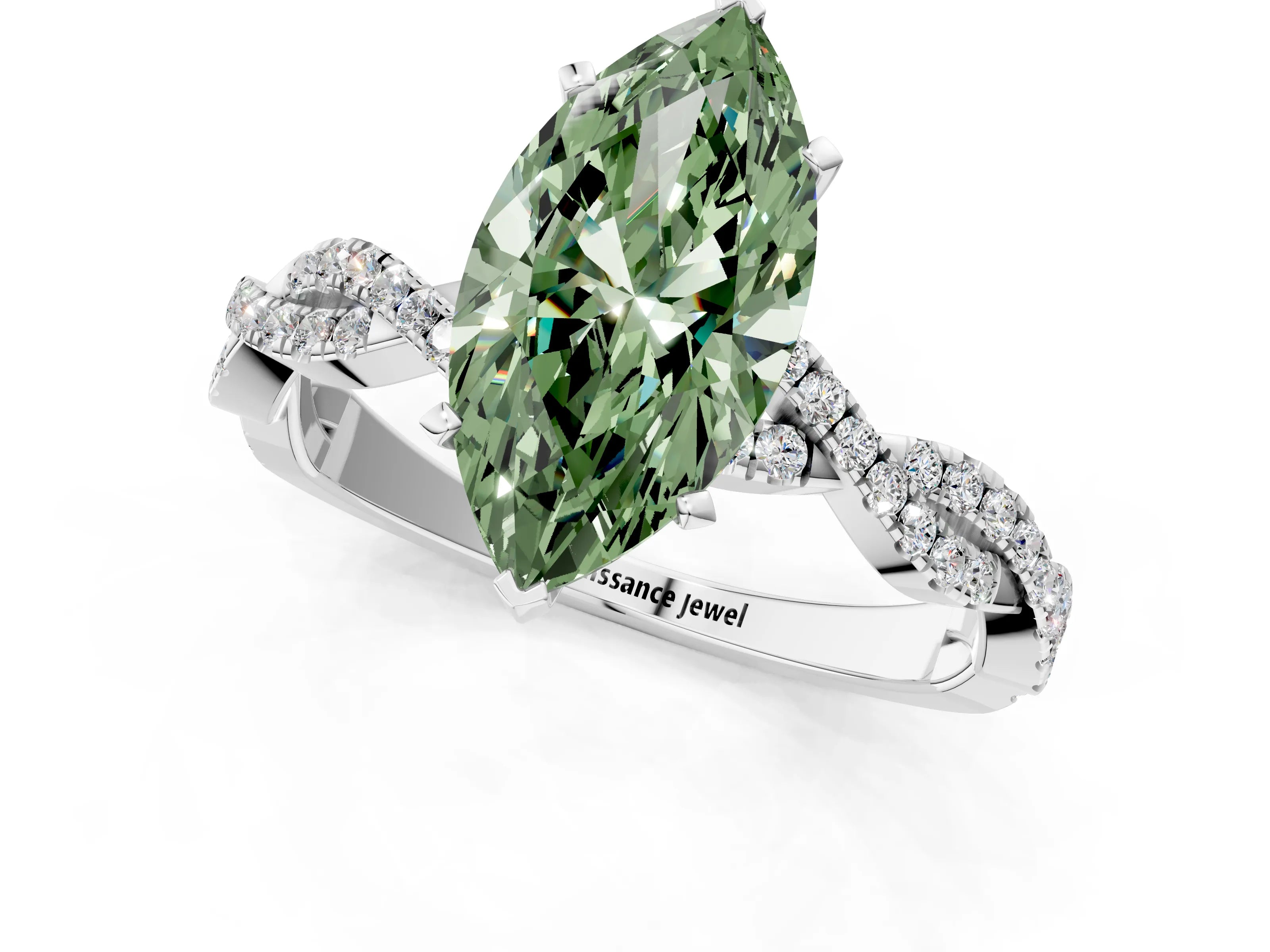 White gold Fancy Green Marquise Cut Solitaire Twisted Pave Band with Four-Prong Setting_16