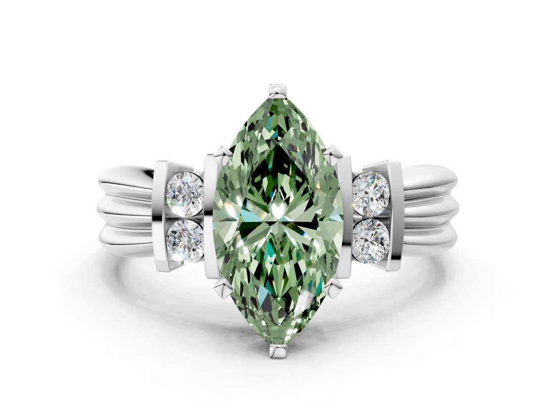 White gold Fancy Green Marquise  Cut Three-Stone Channel Set Ring with Bar Prongs_59