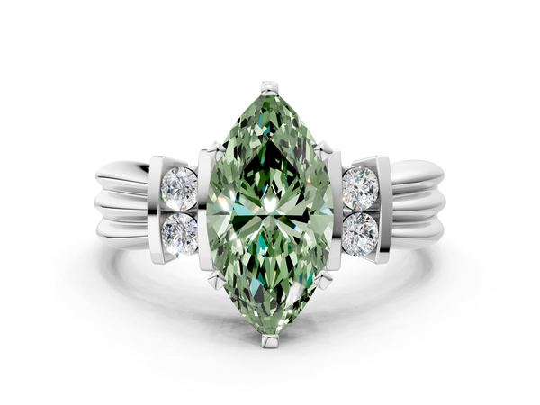 White gold Fancy Green Marquise  Cut Three-Stone Channel Set Ring with Bar Prongs