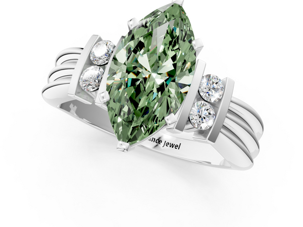 White gold Fancy Green Marquise  Cut Three-Stone Channel Set Ring with Bar Prongs