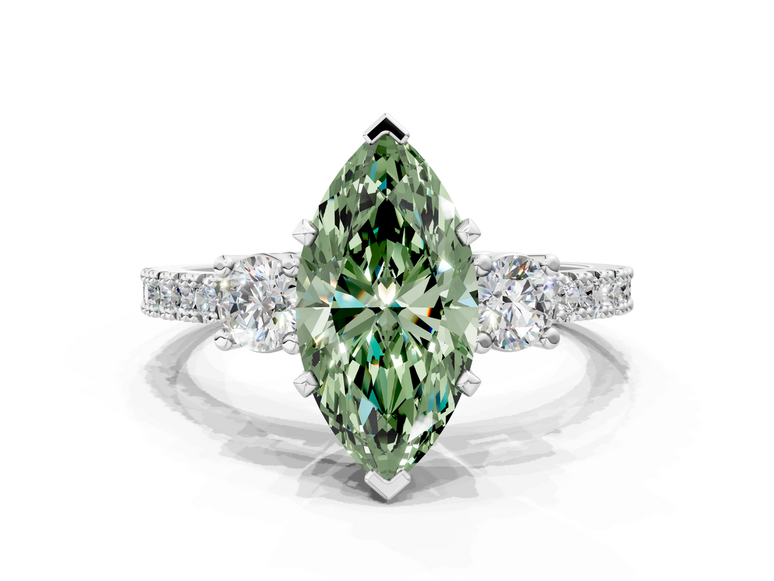 White gold Fancy Green Marquise  Cut Three-Stone Diamond Pavé Band with Prong Setting_17
