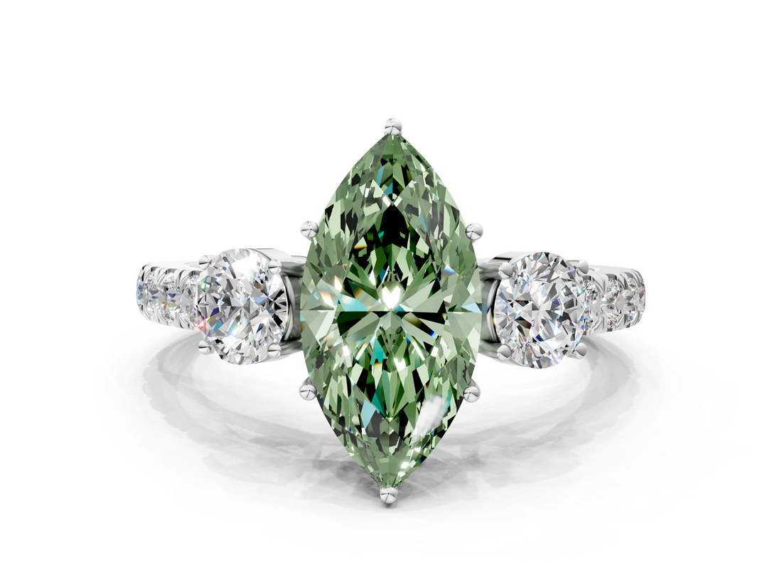 White gold Fancy Green Marquise  Cut Three-Stone Diamond Pave Band with Prong Setting_37