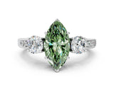 White gold Fancy Green Marquise Cut Three-Stone Diamond Ring with Pavé Band and Four-Prong Setting_12