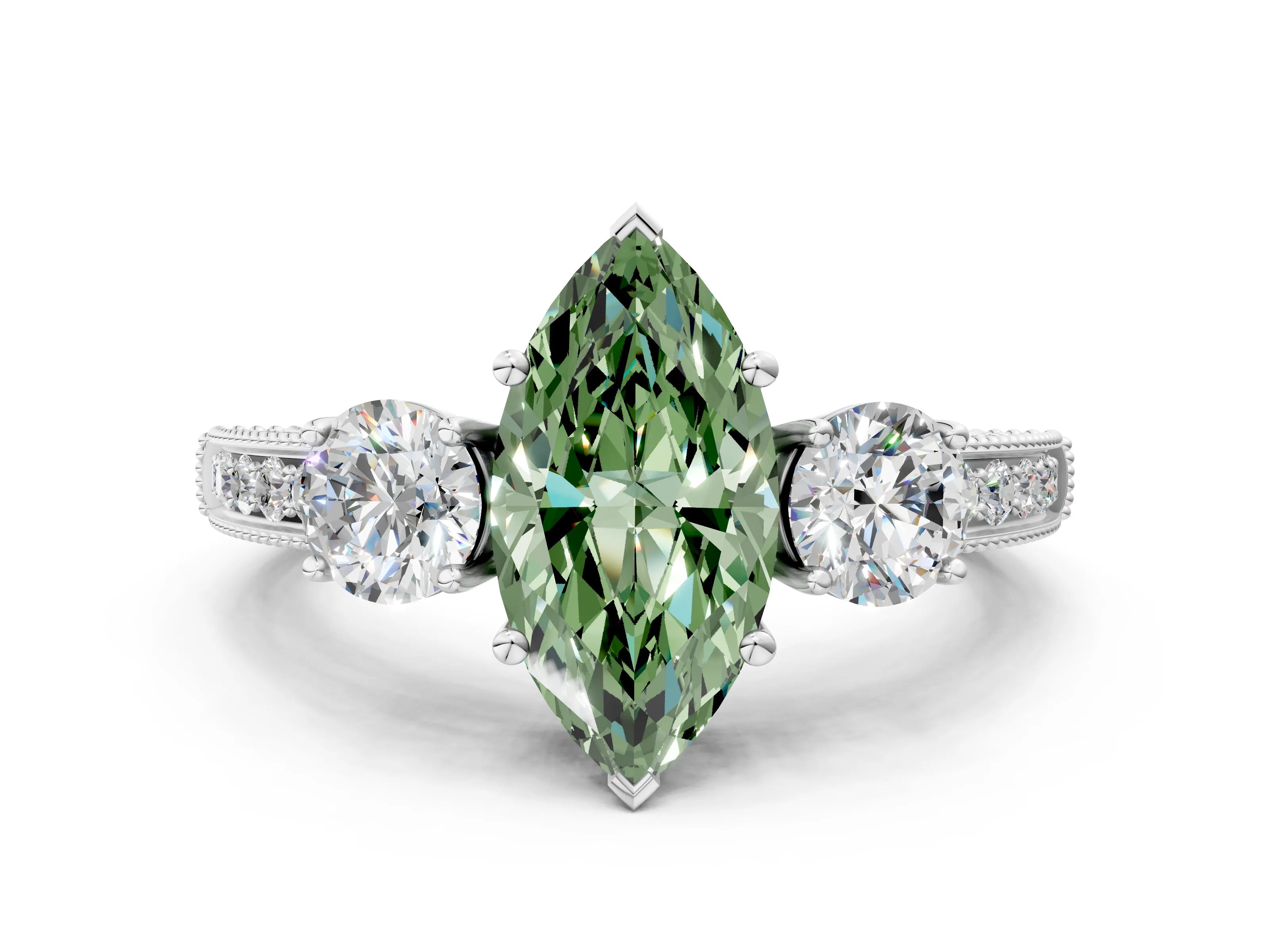 White gold Fancy Green Marquise Cut Three-Stone Diamond Ring with Pavé Band and Four-Prong Setting_12