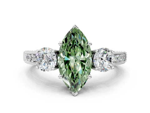 White gold Fancy Green Marquise Cut Three-Stone Diamond Ring with Pavé Band and Four-Prong Setting_12