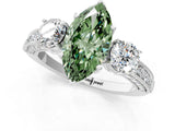 White gold Fancy Green Marquise Cut Three-Stone Diamond Ring with Pavé Band and Four-Prong Setting_13
