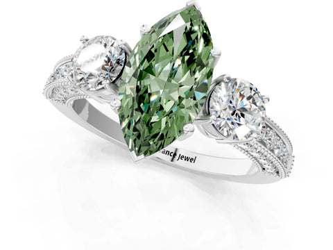 White gold Fancy Green Marquise Cut Three-Stone Diamond Ring with Pavé Band and Four-Prong Setting_13