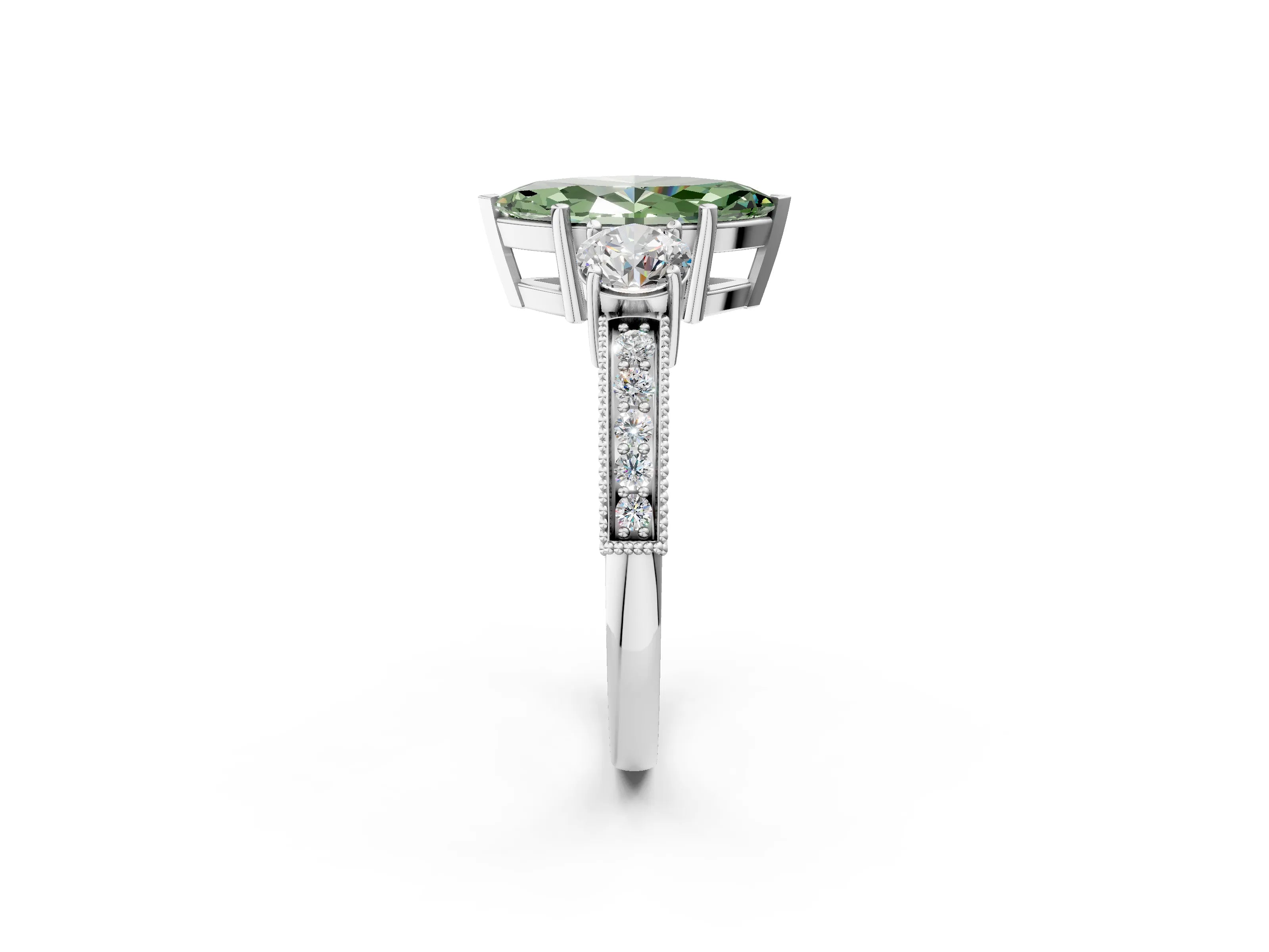 White gold Fancy Green Marquise Cut Three-Stone Diamond Ring with Pavé Band and Four-Prong Setting_14