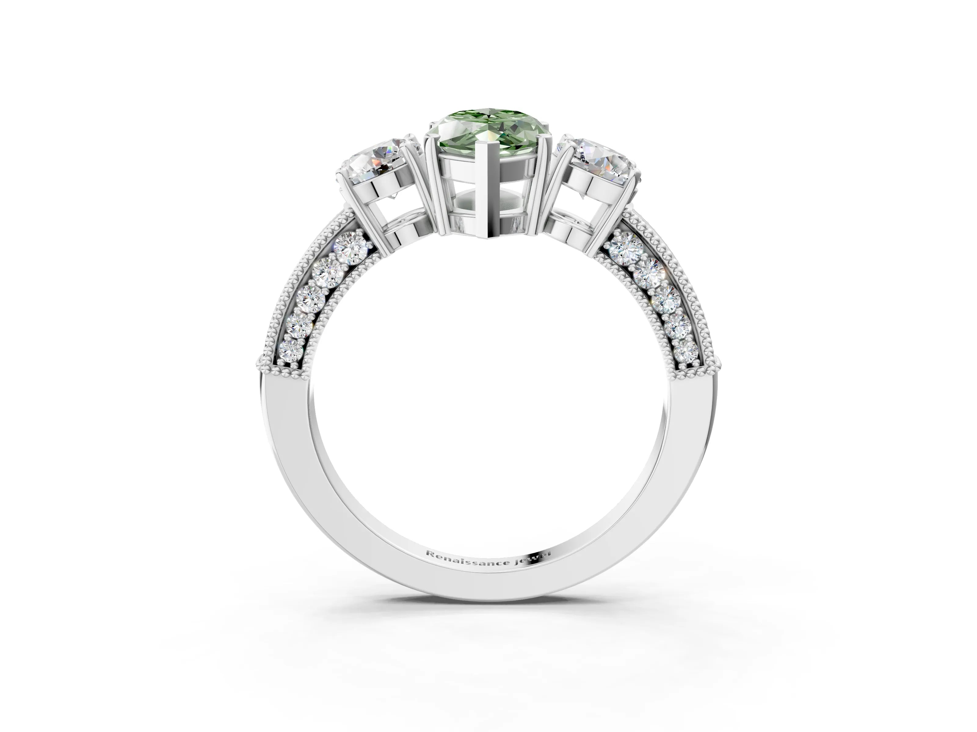White gold Fancy Green Marquise Cut Three-Stone Diamond Ring with Pavé Band and Four-Prong Setting_15