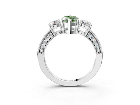 White gold Fancy Green Marquise Cut Three-Stone Diamond Ring with Pavé Band and Four-Prong Setting_15