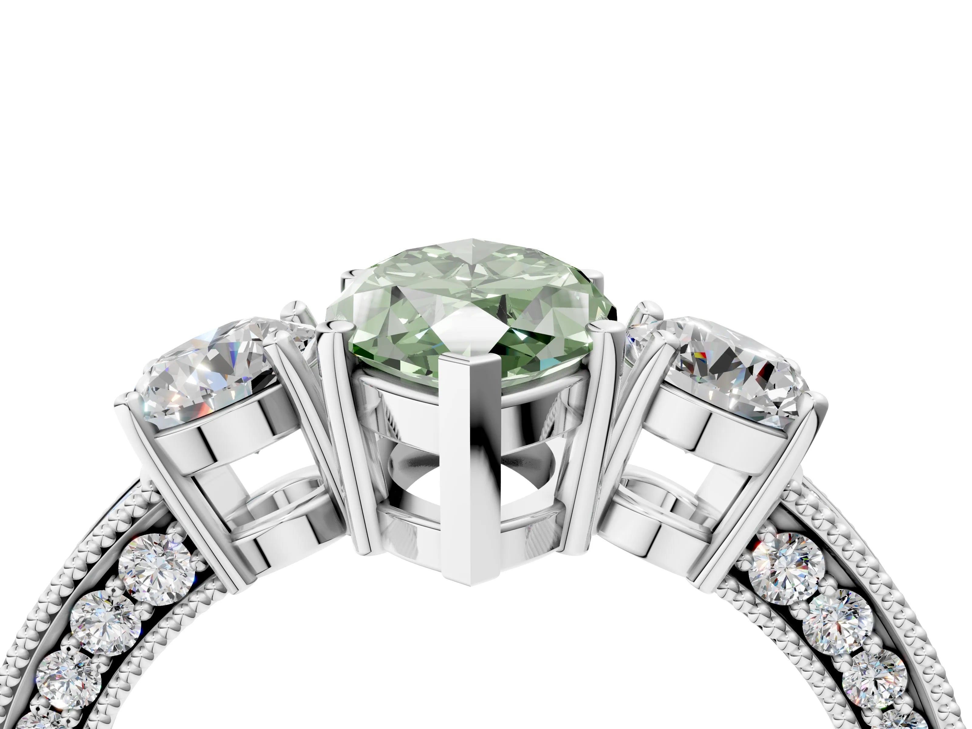 White gold Fancy Green Marquise Cut Three-Stone Diamond Ring with Pavé Band and Four-Prong Setting_16