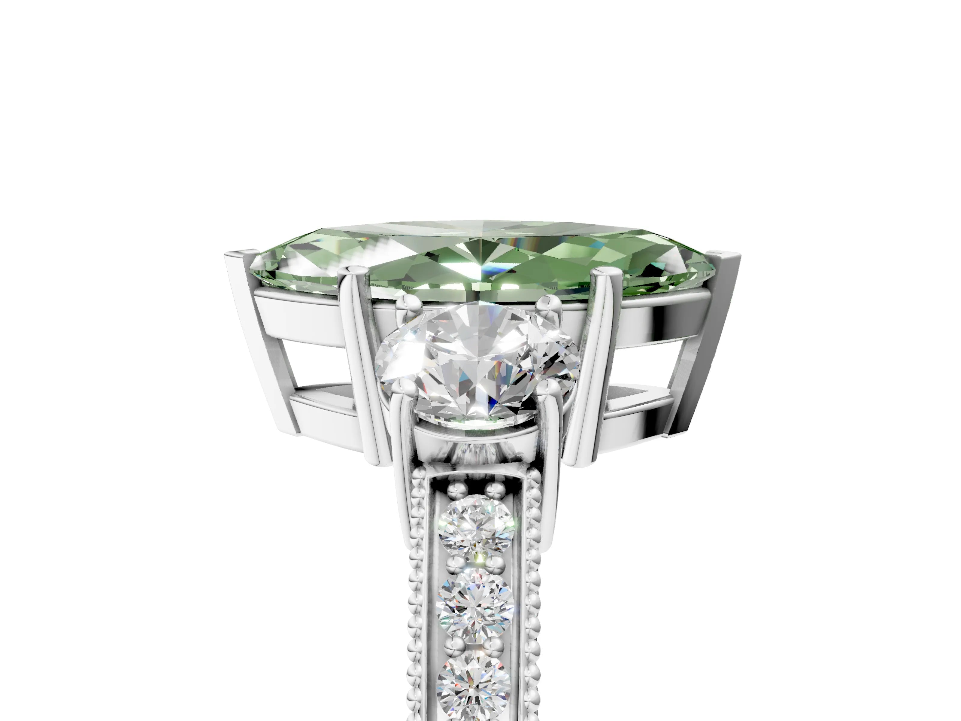White gold Fancy Green Marquise Cut Three-Stone Diamond Ring with Pavé Band and Four-Prong Setting_17