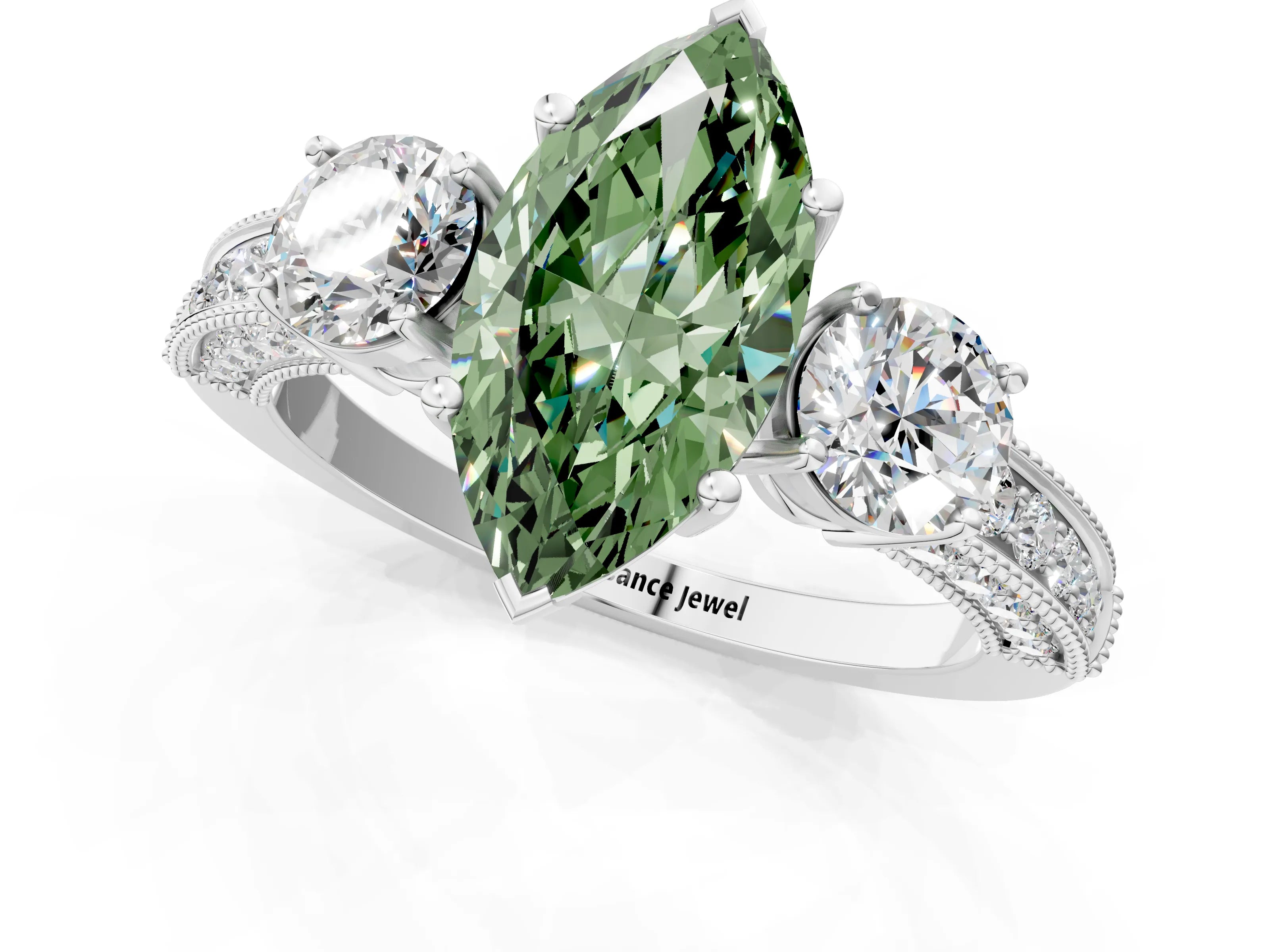 White gold Fancy Green Marquise Cut Three-Stone Diamond Ring with Pavé Band and Four-Prong Setting_1