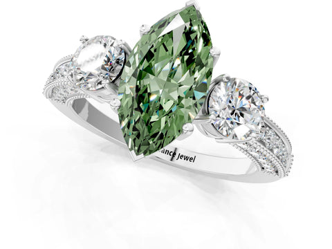 White gold Fancy Green Marquise Cut Three-Stone Diamond Ring with Pavé Band and Four-Prong Setting_1
