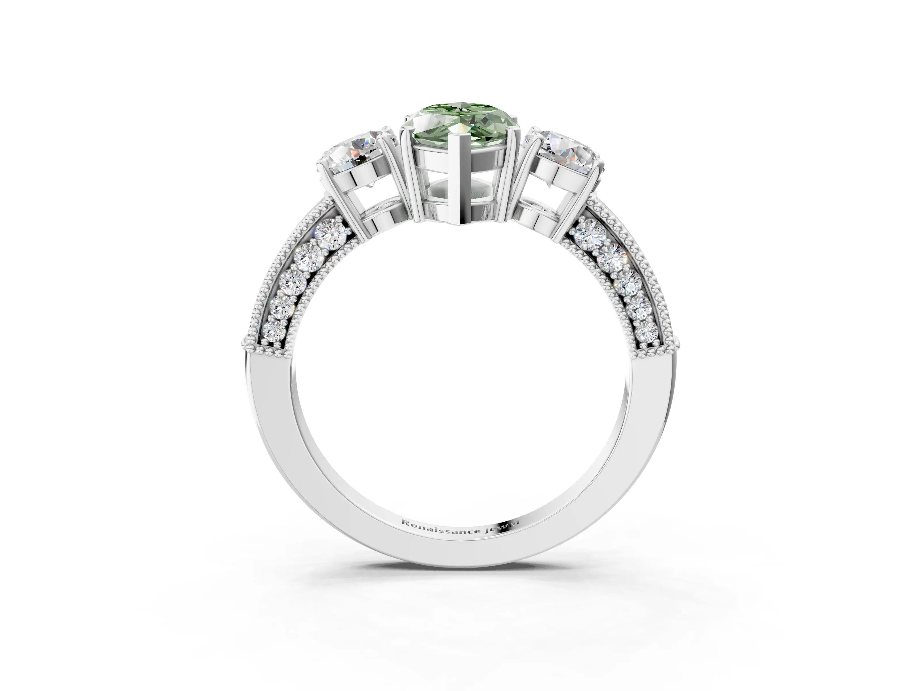White gold Fancy Green Marquise Cut Three-Stone Diamond Ring with Pavé Band and Four-Prong Setting_3