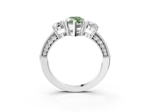 White gold Fancy Green Marquise Cut Three-Stone Diamond Ring with Pavé Band and Four-Prong Setting_3