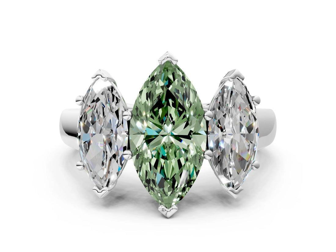White gold Fancy Green Marquise Cut Three-Stone Diamond Ring with Prong Setting on a Classic Band_13