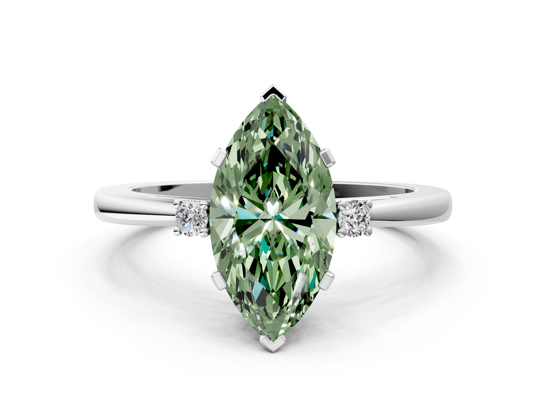 White gold Fancy Green Marquise  Cut Three-Stone Solitaire Ring with Round Accent Diamonds and Four-Prong Setting_20