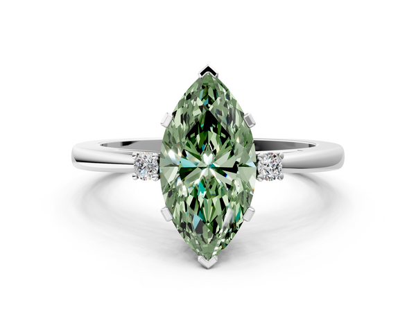 White gold Fancy Green Marquise  Cut Three-Stone Solitaire Ring with Round Accent Diamonds and Four-Prong Setting