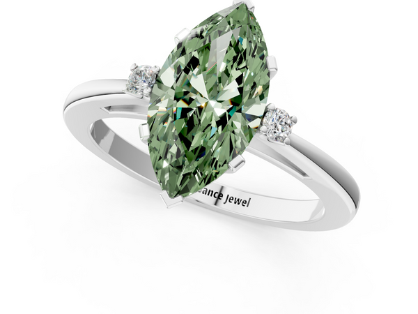 White gold Fancy Green Marquise  Cut Three-Stone Solitaire Ring with Round Accent Diamonds and Four-Prong Setting