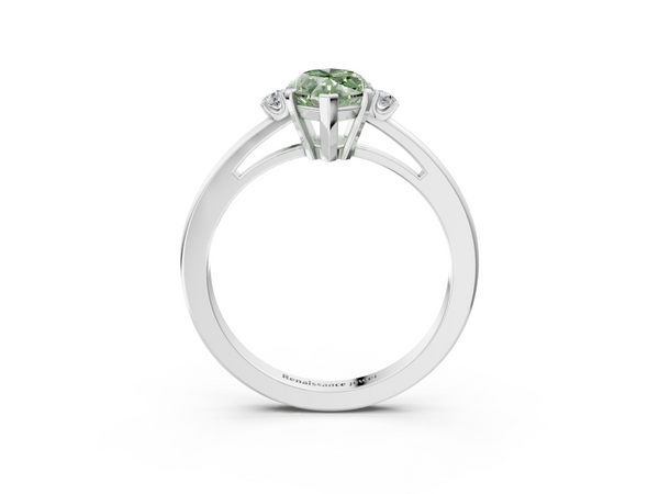 White gold Fancy Green Marquise  Cut Three-Stone Solitaire Ring with Round Accent Diamonds and Four-Prong Setting