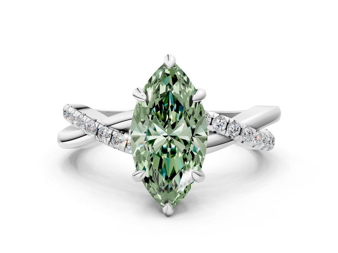 White gold Fancy Green Marquise  Cut Twist Band Solitaire Diamond Ring with Pavé Setting_3