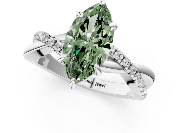 White gold Fancy Green Marquise  Cut Twist Band Solitaire Diamond Ring with Pavé Setting