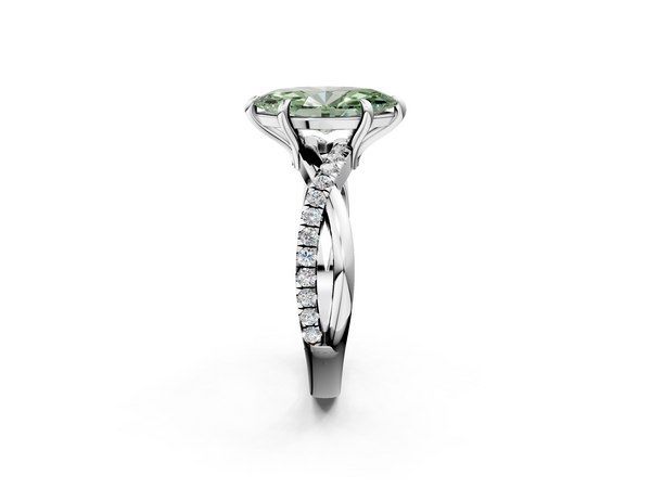 White gold Fancy Green Marquise  Cut Twist Band Solitaire Diamond Ring with Pavé Setting