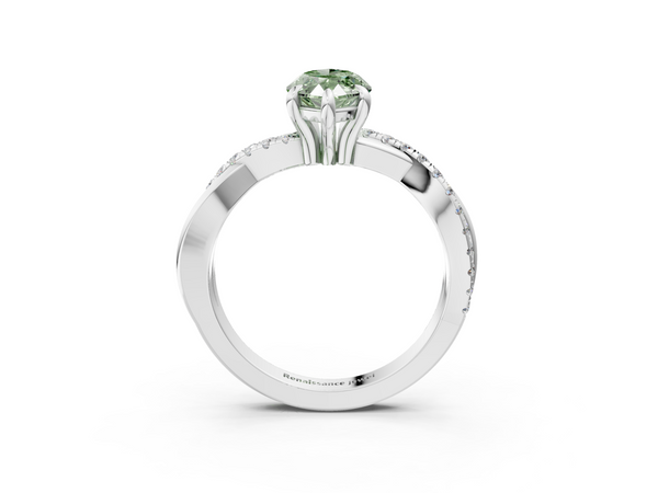 White gold Fancy Green Marquise  Cut Twist Band Solitaire Diamond Ring with Pavé Setting