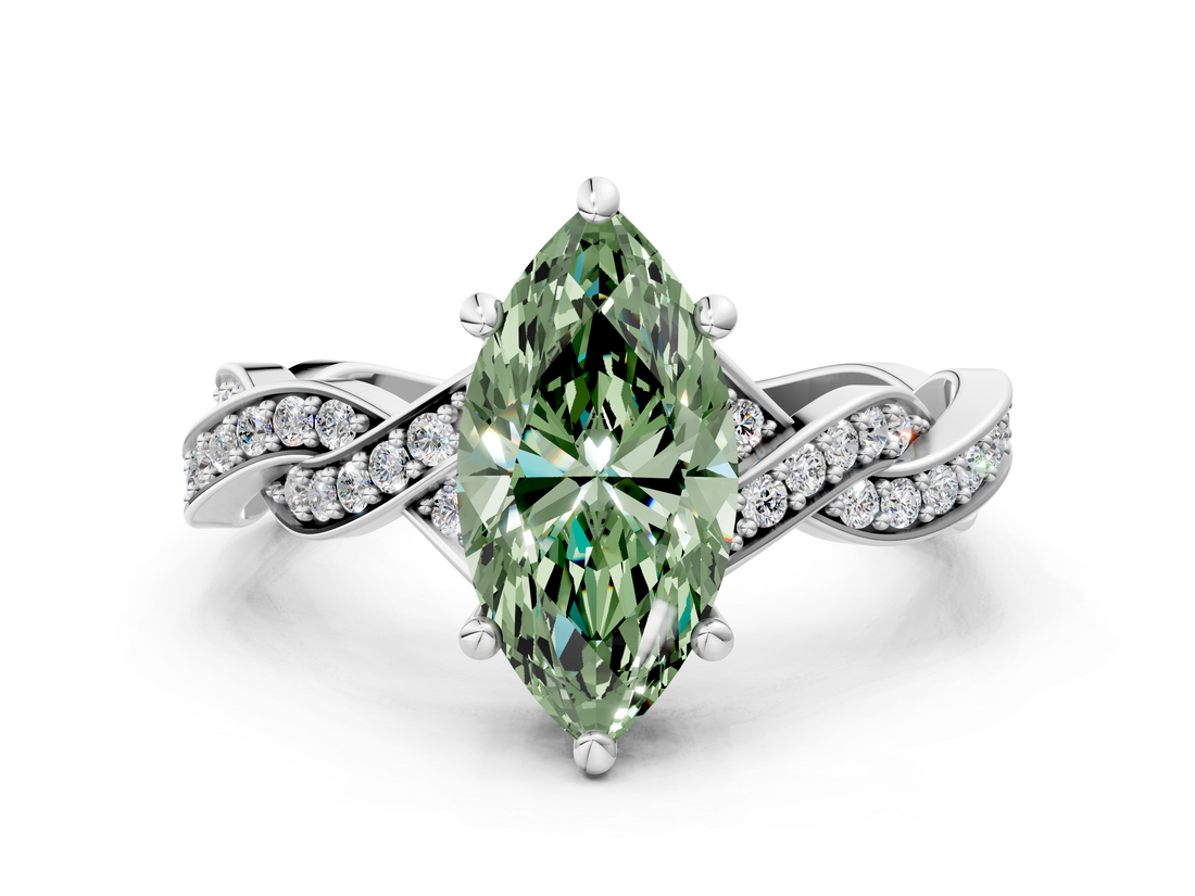 White gold Fancy Green Marquise  Cut Twisted Pavé Band Solitaire Ring with Four-Prong Setting_55