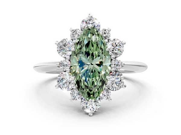 White gold Fancy Green Marquise  Diamond Cluster Halo Ring with Solitaire Band and Four-Prong Setting
