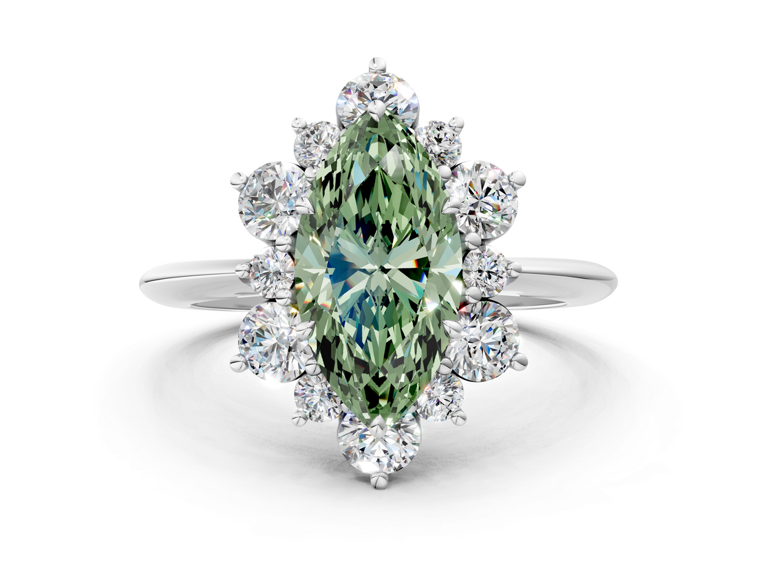 White gold Fancy Green Marquise  Diamond Cluster Halo Ring with Solitaire Band and Four-Prong Setting_37