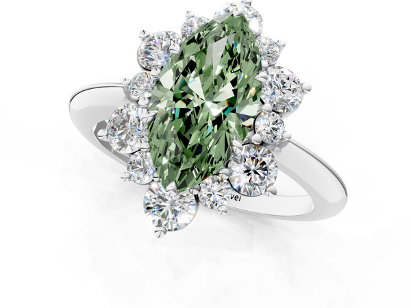 White gold Fancy Green Marquise  Diamond Cluster Halo Ring with Solitaire Band and Four-Prong Setting