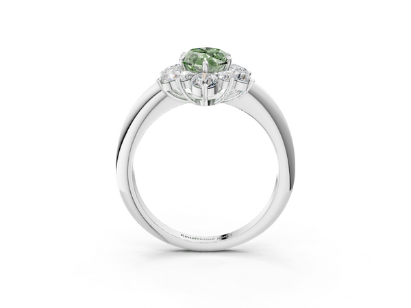 White gold Fancy Green Marquise  Diamond Cluster Halo Ring with Solitaire Band and Four-Prong Setting